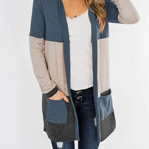 Womens Casual Open Front Cardigans Color Block Long Sleeve Loose Knit